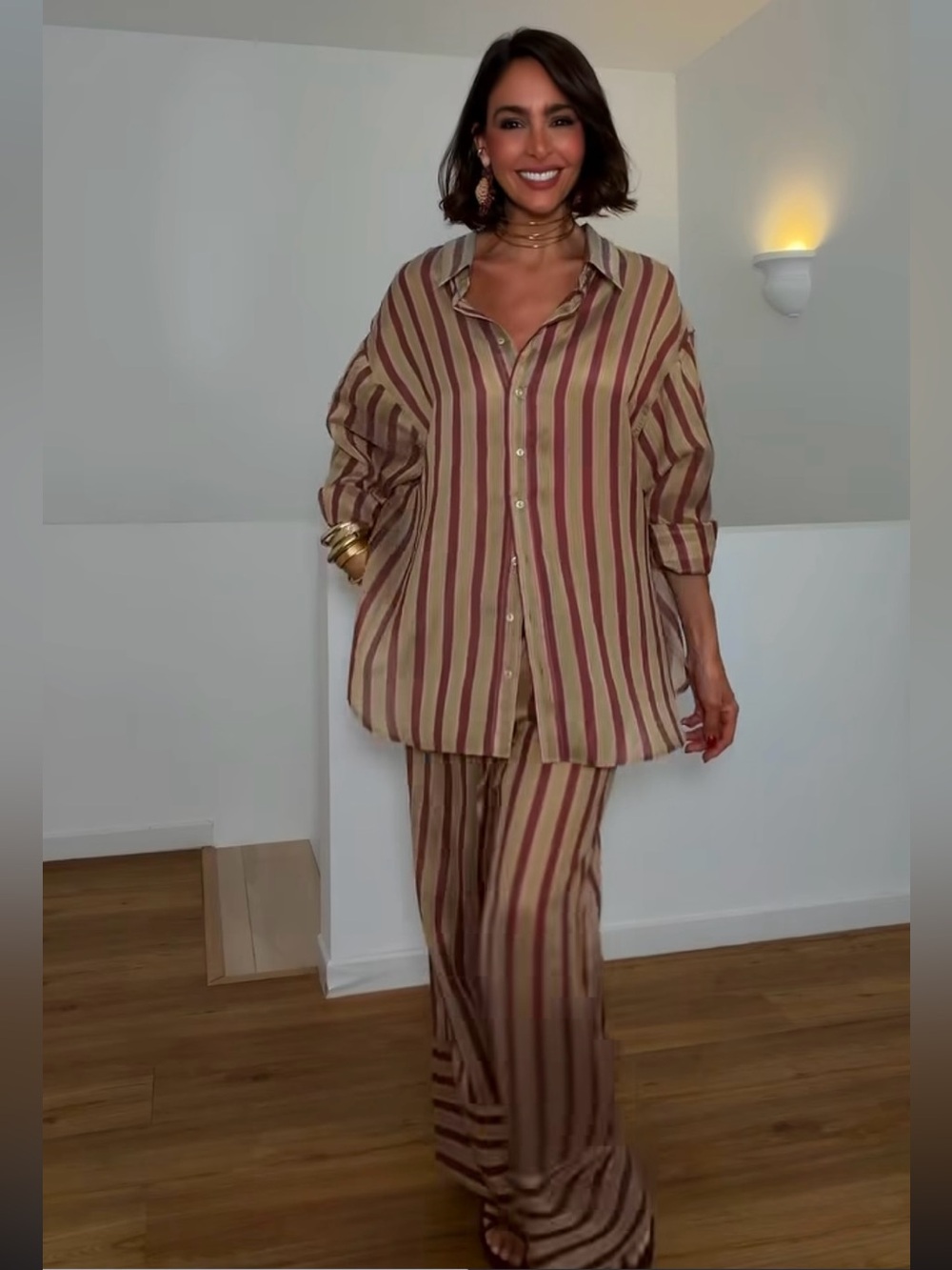 H&M NWT DARK BEIGE BURGUNDY STRIPPED OVERSIZED LYOCELL-BLEND SHIRT